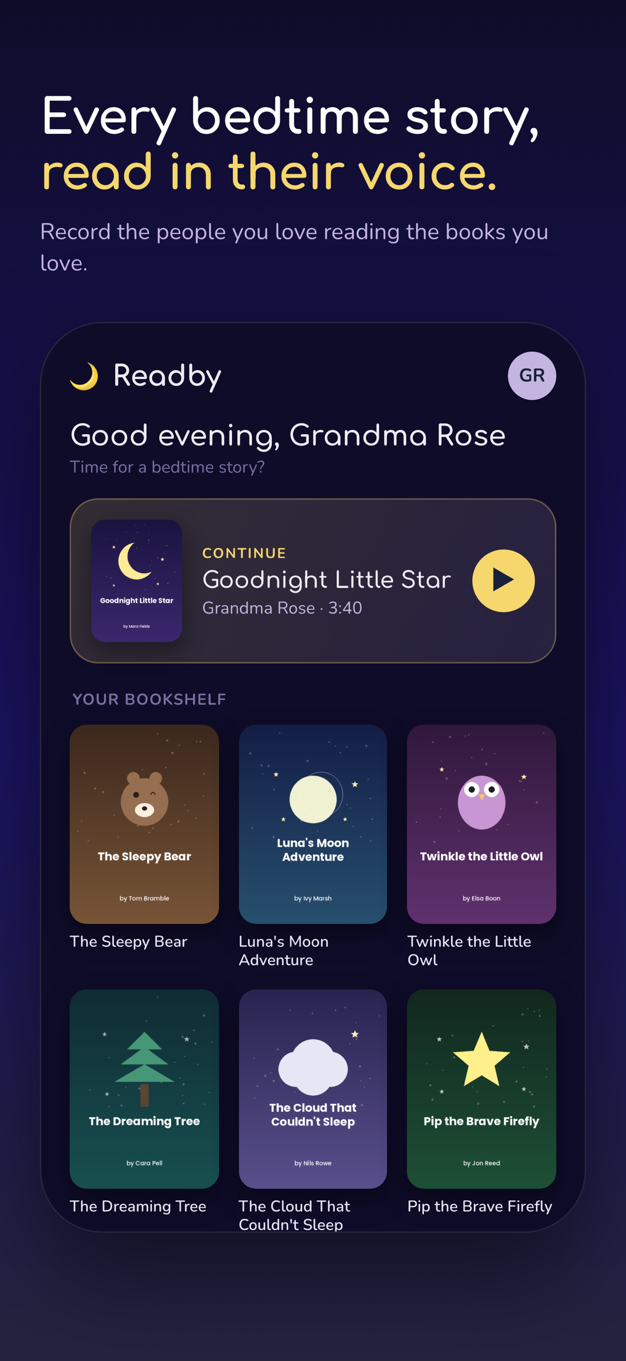 Readby home screen showing a private family story library